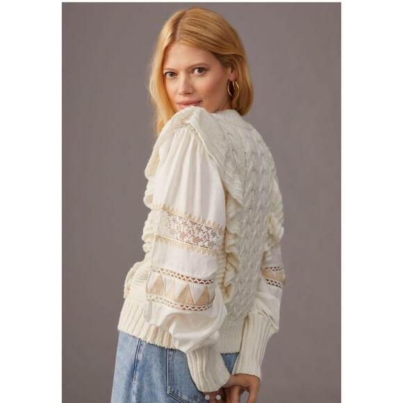 By Anthropologie Mixed Cable Knit Ruffle Sweater Petite - Picture 3 of 9